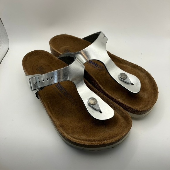 Birkenstock Mayari Silver Thong Sandals EU 38 US 7 Narrow Width Comfort Slides - Picture 1 of 11